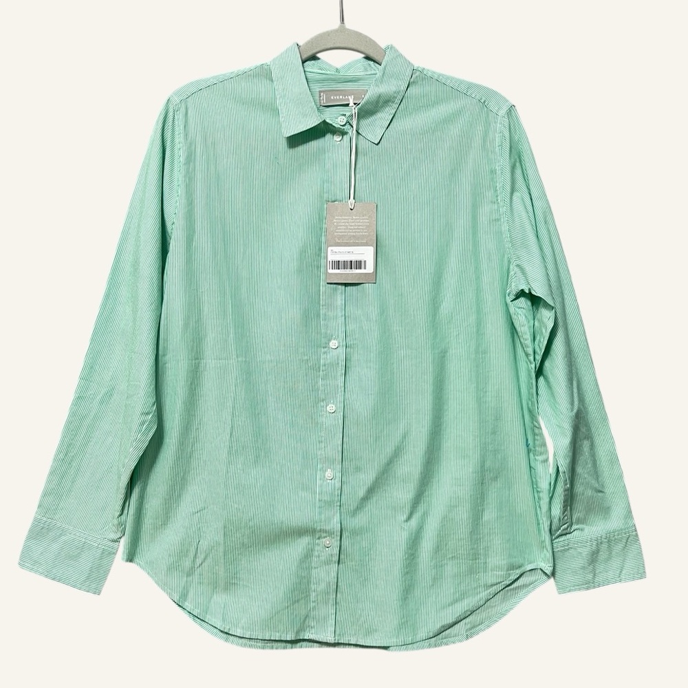 Everlane Silky Cotton Relaxed Button Up Shirt NWT Size 8 Mint Green Stripe